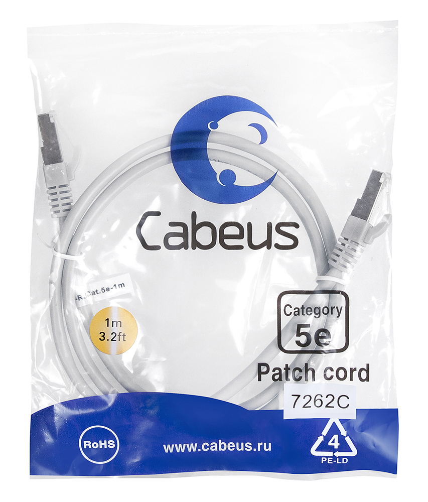 Патч-корд RJ45 F/UTP 5e Cabeus PC-FTP-RJ45-Cat.5e-1m PVC серый 1 метр — фото