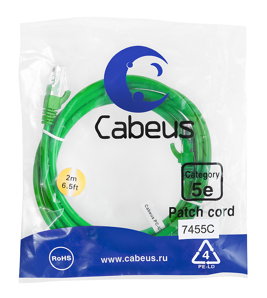 Патч-корд RJ45 UTP 5e Cabeus PC-UTP-RJ45-Cat.5e-2m-GN-LSZH LSZH зеленый 2 метра — фото