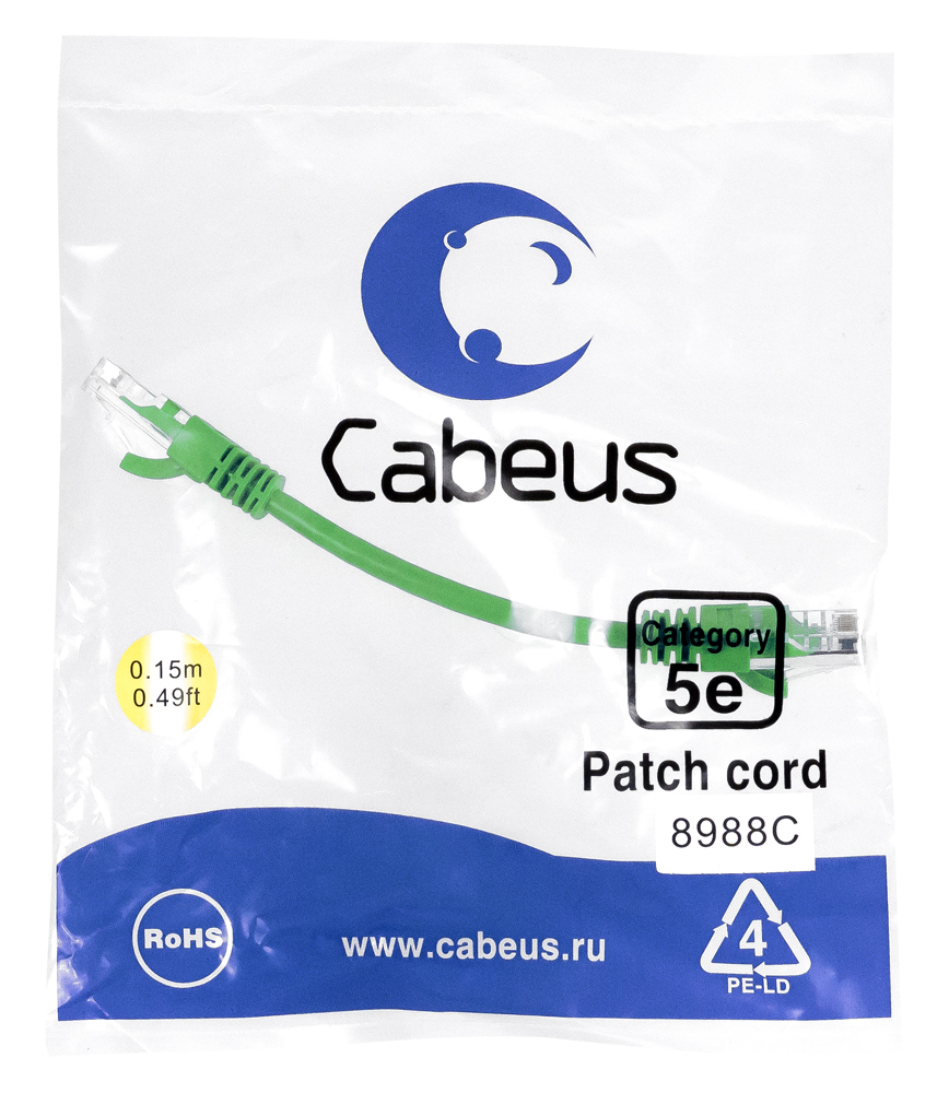 Патч-корд RJ45 UTP 5e Cabeus PC-UTP-RJ45-Cat.5e-0.15m-GN PVC зеленый 0.15 метра — фото