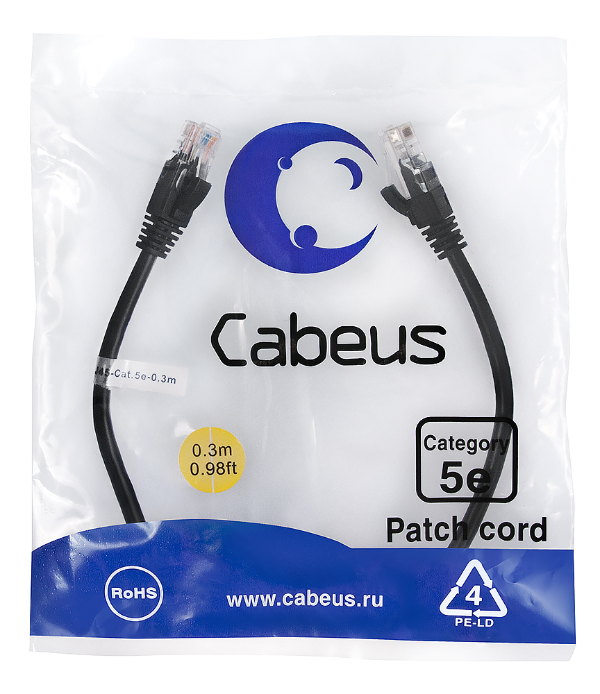 Патч-корд RJ45 UTP 5e Cabeus PC-UTP-RJ45-Cat.5e-0.3m-BK PVC черный 0.3 метра — фото