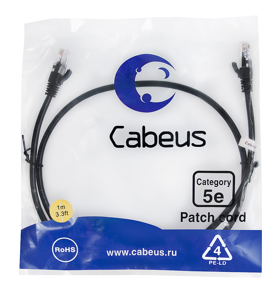 Патч-корд RJ45 UTP 5e Cabeus PC-UTP-RJ45-Cat.5e-1m-BK PVC черный 1 метр — фото