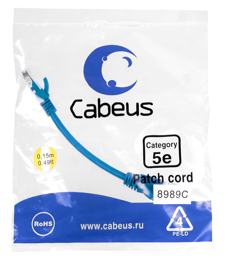Патч-корд RJ45 UTP 5e Cabeus PC-UTP-RJ45-Cat.5e-0.15m-BL PVC синий 0.15 метра — фото
