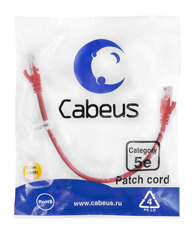 Патч-корд RJ45 UTP 5e Cabeus PC-UTP-RJ45-Cat.5e-0.3m-RD-LSZH LSZH красный 0.3 метра — фото