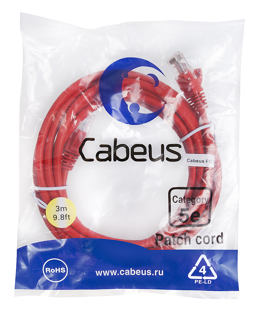 Патч-корд RJ45 UTP 5e Cabeus PC-UTP-RJ45-Cat.5e-3m-RD-LSZH LSZH красный 3 метра — фото