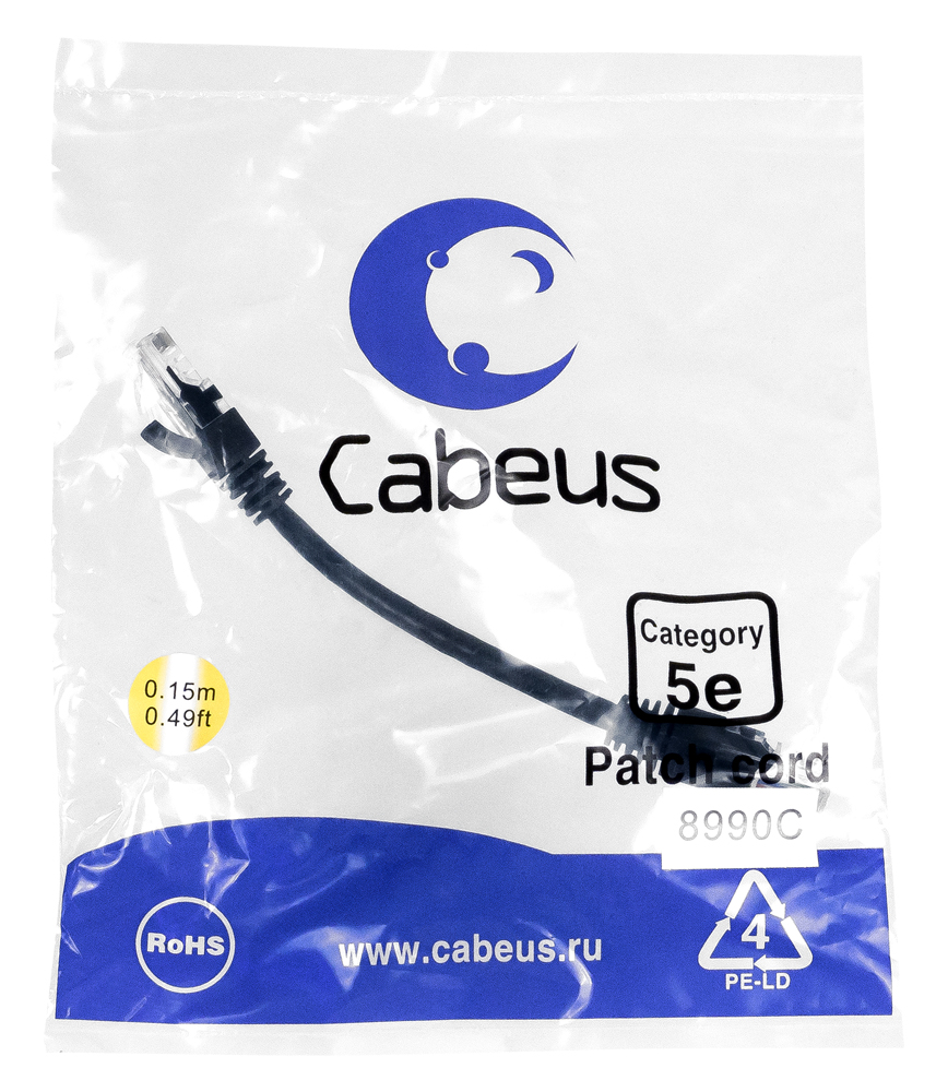 Патч-корд RJ45 UTP 5e Cabeus PC-UTP-RJ45-Cat.5e-0.15m-BK-LSZH LSZH черный 0.15 метра — фото