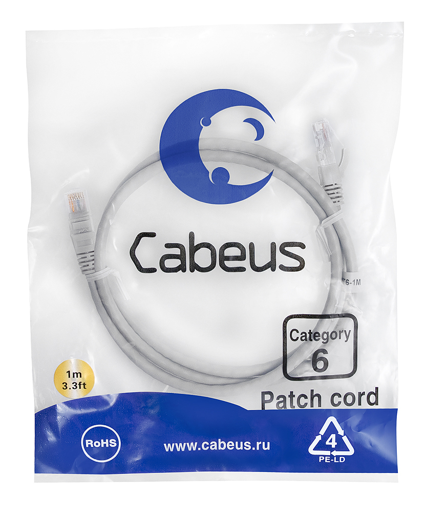 Патч-корд RJ45 UTP 6 Cabeus PC-UTP-RJ45-Cat.6-1m PVC серый 1 метр — фото