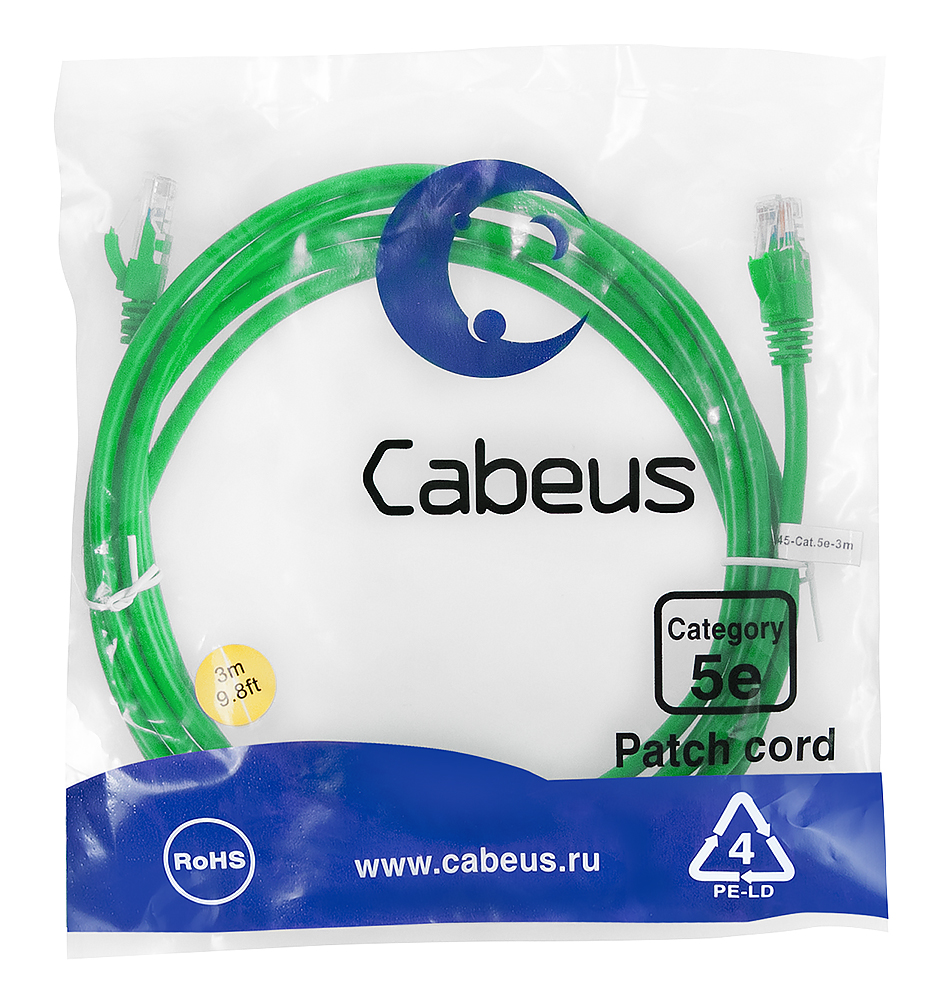 Патч-корд RJ45 UTP 5e Cabeus PC-UTP-RJ45-Cat.5e-3m-GN PVC зеленый 3 метра — фото