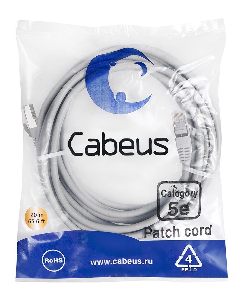 Патч-корд RJ45 F/UTP 5e Cabeus PC-FTP-RJ45-Cat.5e-20m-LSZH LSZH серый 20 метров — фото