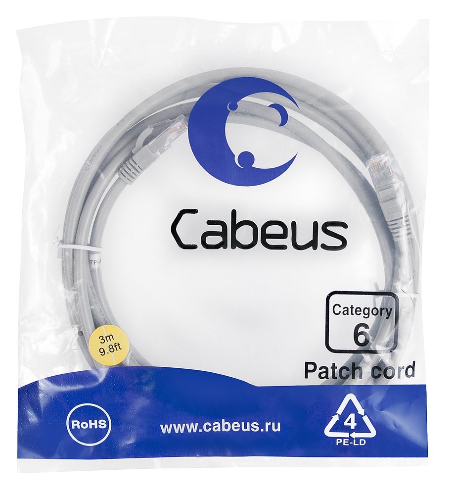 Патч-корд RJ45 UTP 6 Cabeus PC-UTP-RJ45-Cat.6-3m PVC серый 3 метра — фото