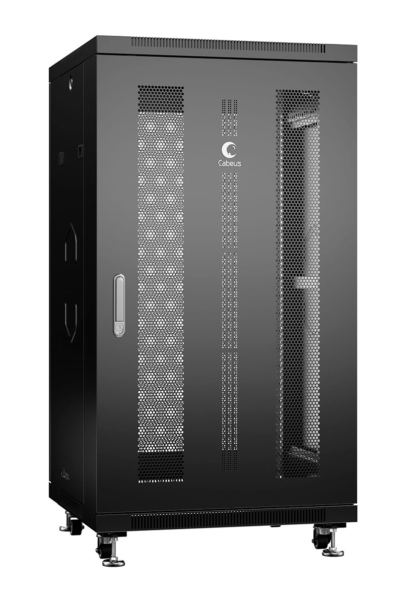 Cabeus ND-05C-22U60/60-BK Шкаф монтажный телекоммуникационный 19" напольный для распределительного и серверного оборудования 22U 600x600x1166mm (ШхГхВ) передняя и задняя перфорированные двери, ручка с замком, цвет черный (RAL 9004) — фото