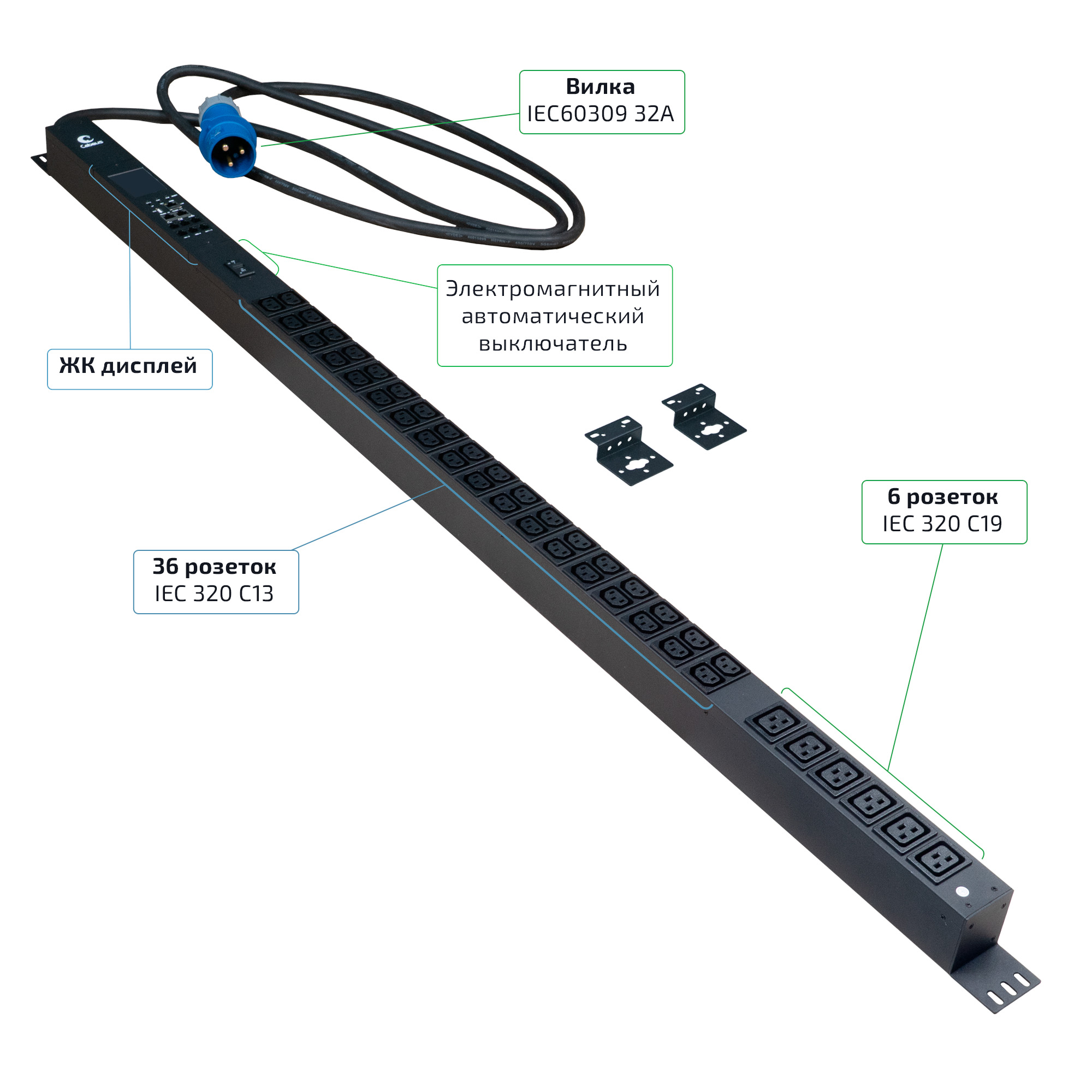Cabeus SMART-PDU-32-1P-36C13-6C19-I309-M Блок распределения питания, вертикальный, 36 розеток IEC 320 C13, 6 розеток IEC 320 C19, 1 фаза, 32А, 1х32А, автомат защиты, 250В, мониторинг, шнур 3м 3х6мм с вилкой IEC 60309 — фото