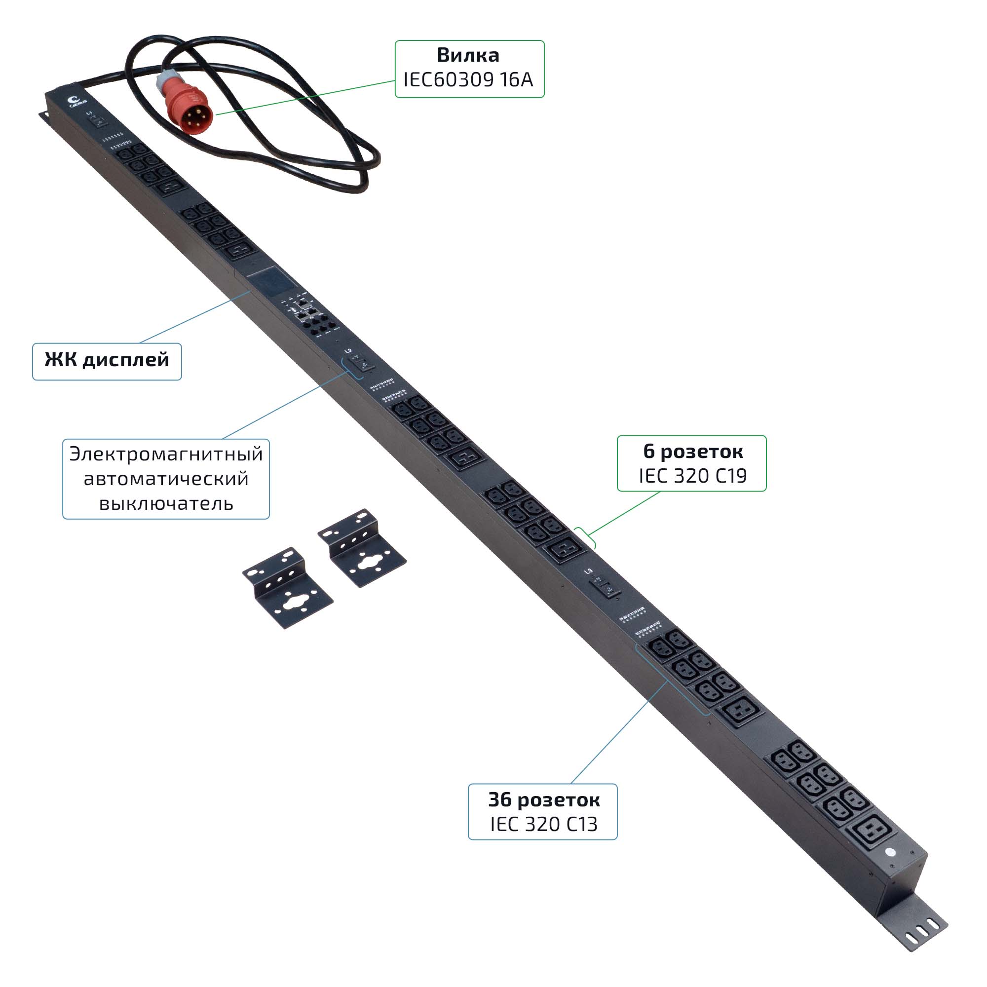 Cabeus SMART-PDU-16-3P-36C13-6C19-I309-M Блок распределения питания, вертикальный, 36 розеток IEC 320 C13, 6 розеток IEC 320 C19, 3 фазы, 16А, 3х16А автомата защиты, 400В, мониторинг, шнур 3м 5х2,5мм с вилкой IE 60309 — фото