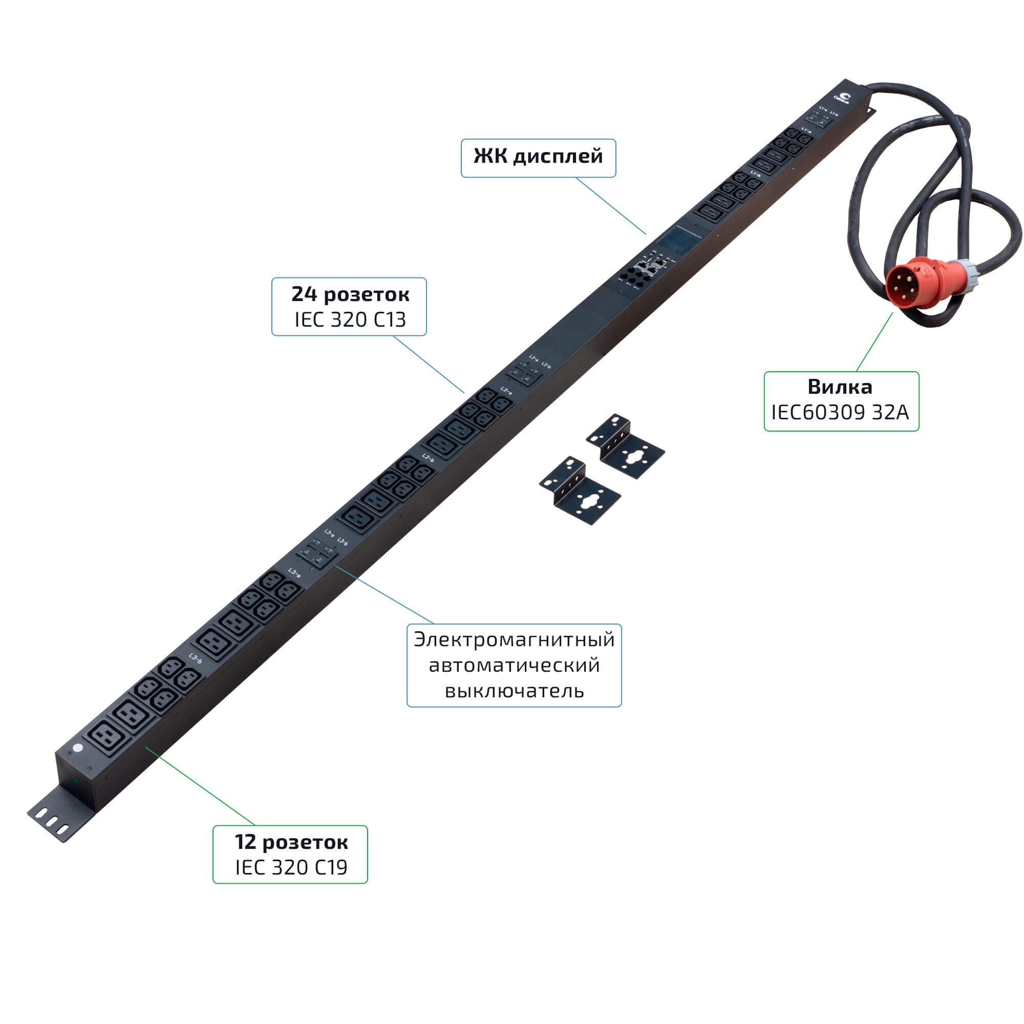 Cabeus SMART-PDU-32-3P-24C13-12C19-I309-M Блок распределения питания, вертикальный, 24 розеток IEC 320 C13, 12 розеток IEC 320 C19, 3 фазы, 32А, 6х16А автомата защиты, 400В, мониторинг, шнур 3м 5х6мм с вилкой IEC 60309 — фото