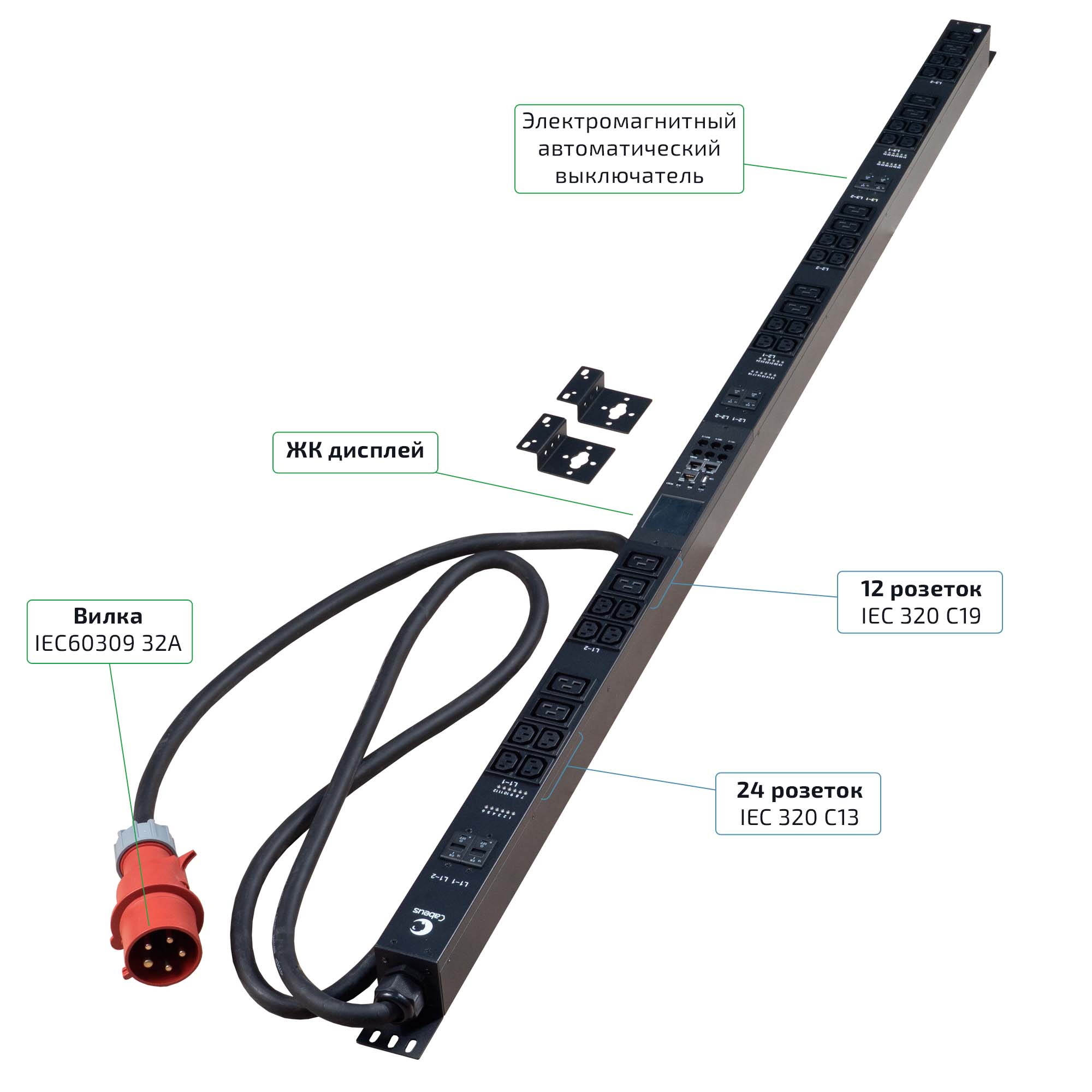 Cabeus SMART-PDU-32-3P-24C13-12C19-I309-CM Блок распределения питания, вертикальный, 24 розеток IEC 320 C13, 12 розеток IEC 320 C19, 3 фазы, 32А, 6х16А автомат защиты, 400В, мониторинг/управление, шнур 3м 5х6мм с вилкой IEC 60309 — фото