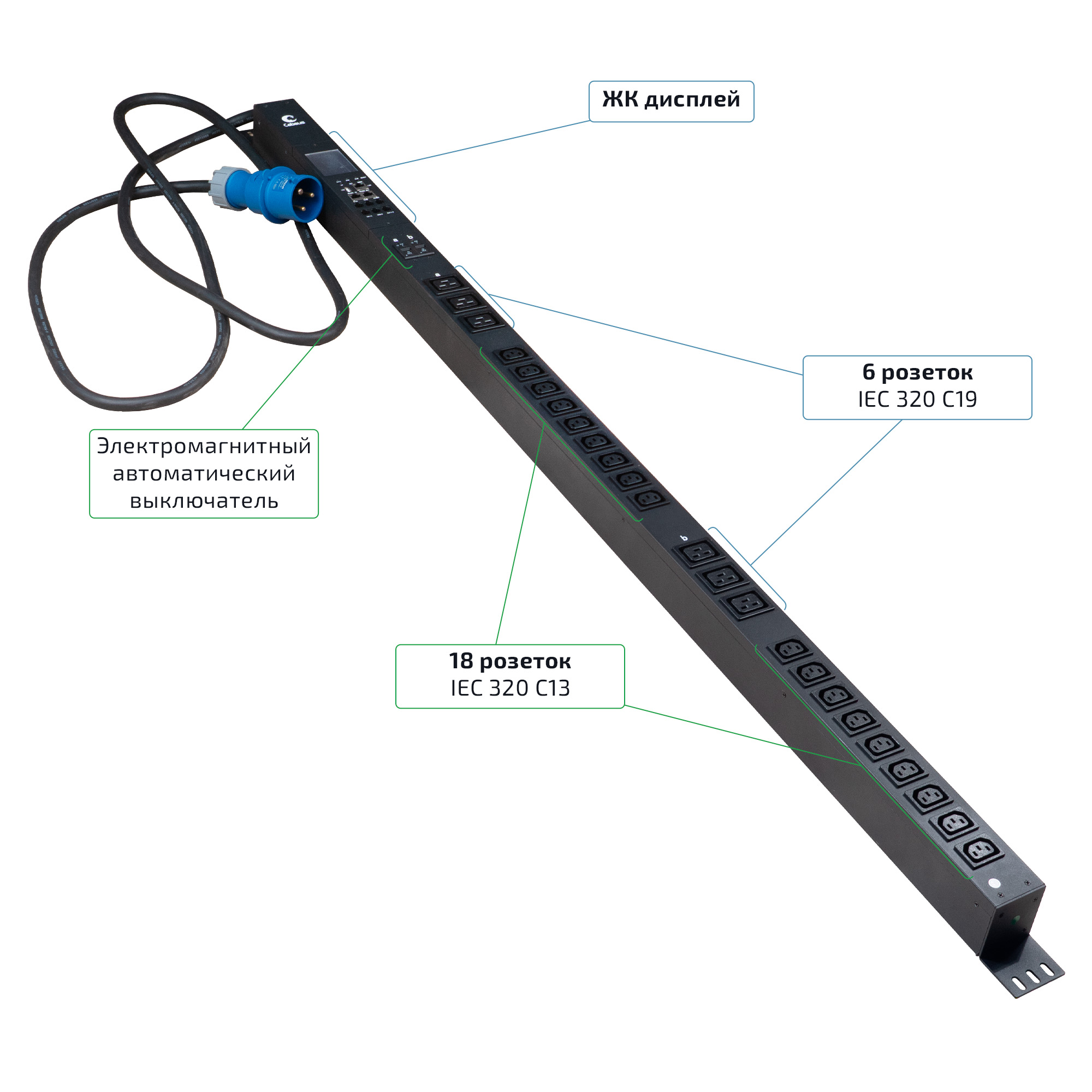 Cabeus SMART-PDU-32-1P-18C13-6C19-I309-M Блок распределения питания, вертикальный, 18 розеток IEC 320 C13, 6 розеток IEC 320 C19, 1 фаза, 32А, 2х16А автомата защиты, 250В, мониторинг, шнур 3м 3х6мм с вилкой IEC 60309 — фото