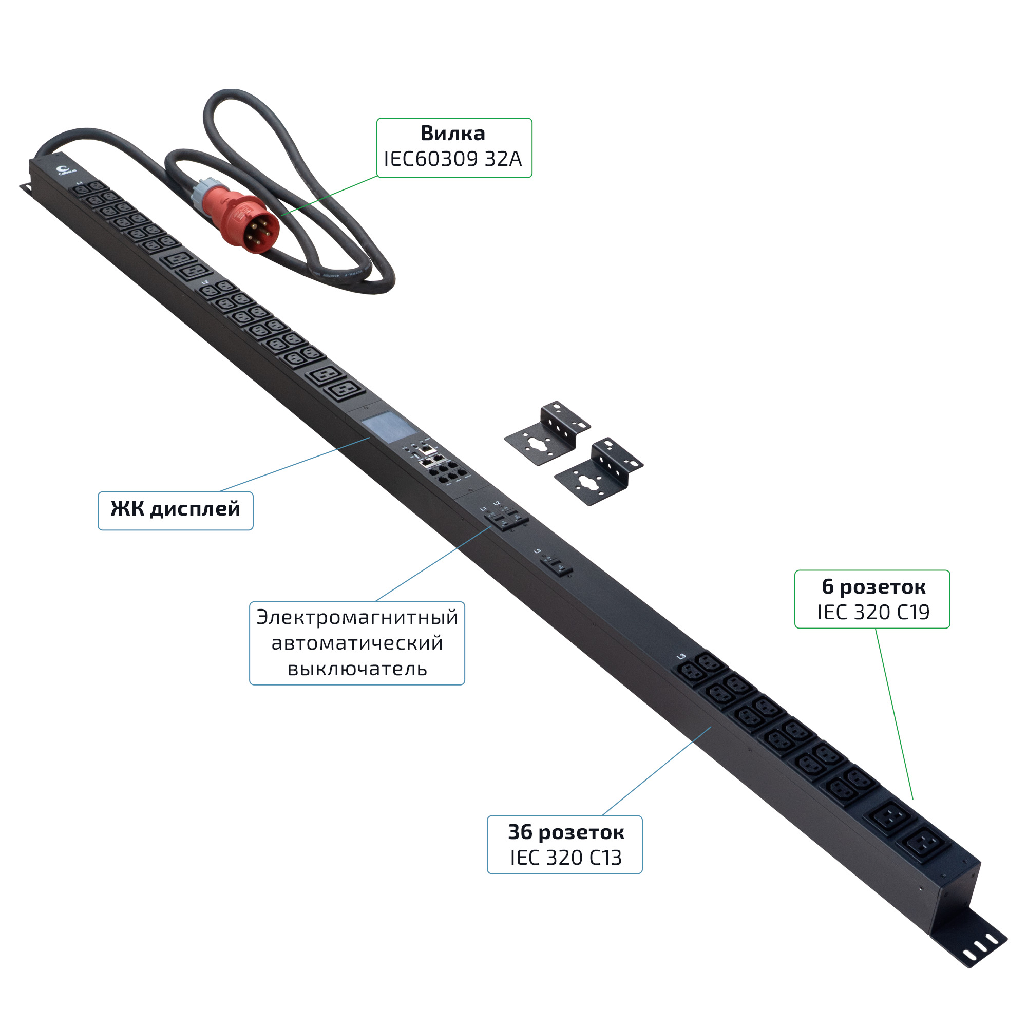Cabeus SMART-PDU-32-3P-36C13-6C19-I309-M Блок распределения питания, вертикальный, 36 розеток IEC 320 C13, 6 розеток IEC 320 C19, 3 фазы, 32А, 3х32А автомата защиты, 400В, мониторинг, шнур 3м 5х6мм с вилкой IEC 60309 — фото