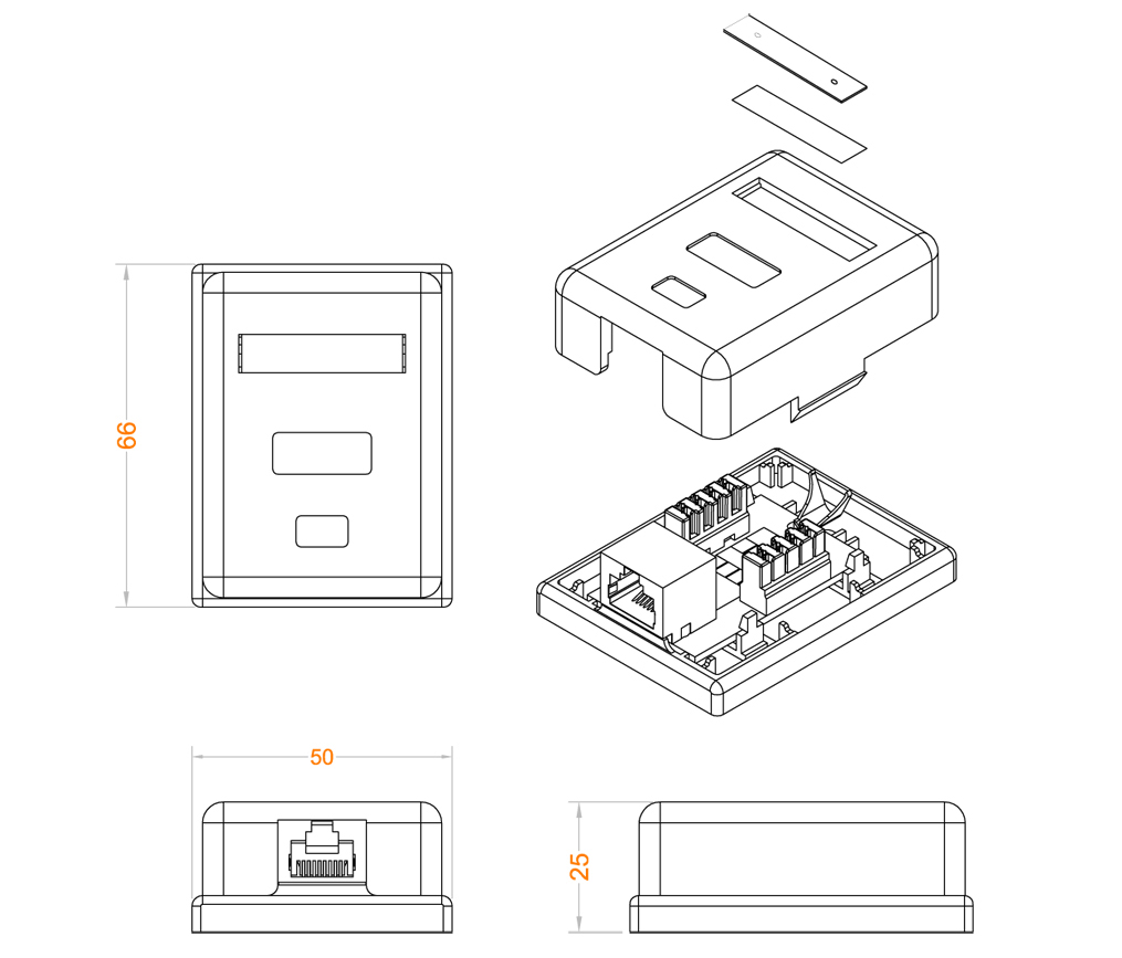 Hyperline SB1-1-8P8C-C5e-SH-WH Розетка компьютерная RJ-45(8P8C), категория 5e, экранированная, одинарная, внешняя, Dual IDC — фото