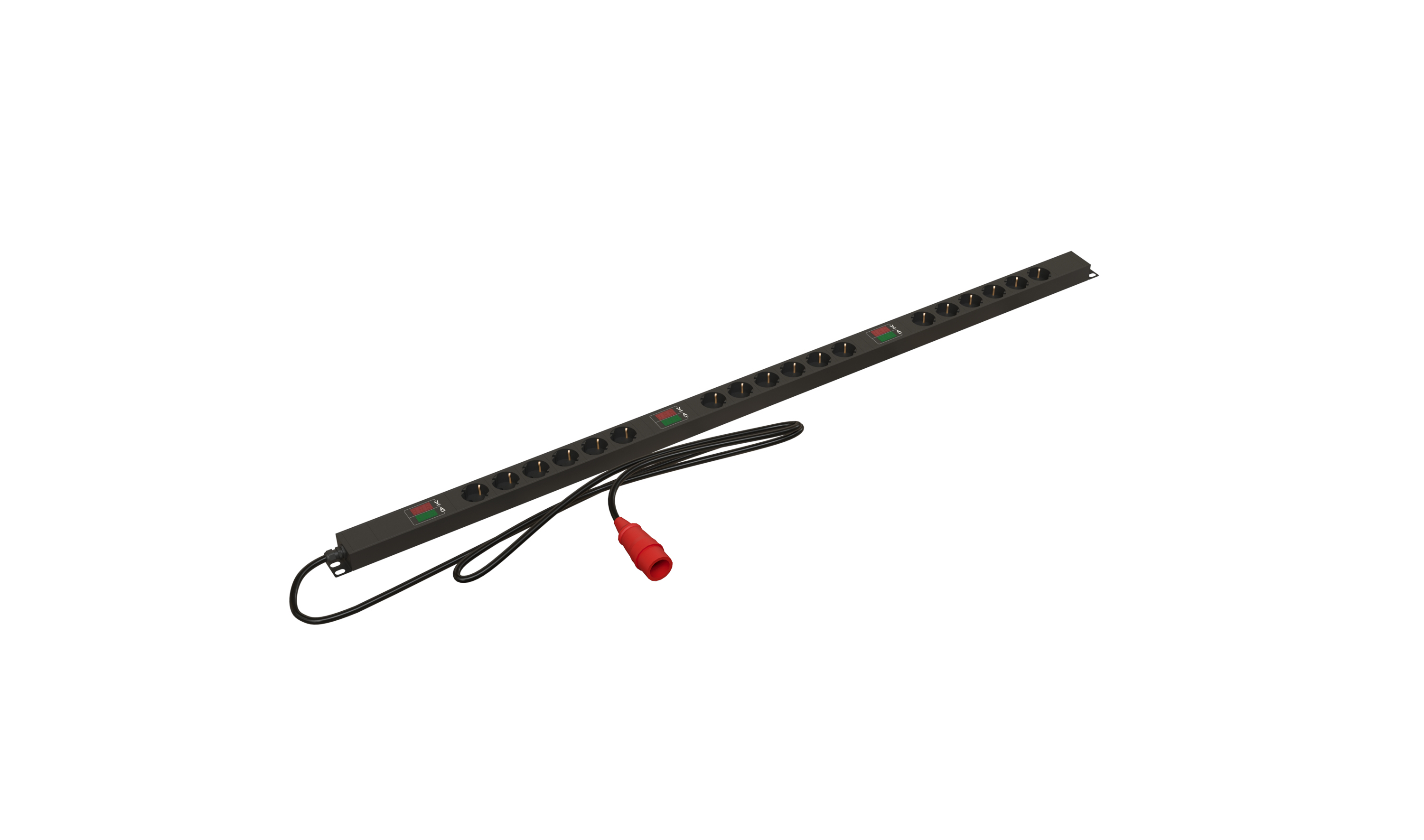 Hyperline SHE-18SH-A-3PVR Блок розеток, вертикальный, 18 розеток Schuko, амперметр, кабель питания 3м (5х6.0мм2) с вилкой IEC 60309 16А (3P+N+E), 380В, корпус алюминий, черный