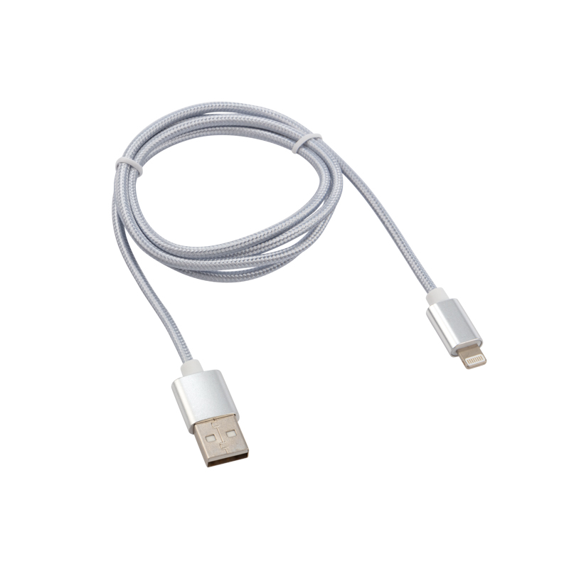 Кабель USB-A – Lightning, 2,4А, 1м, в серебристой нейлоновой оплетке REXANT — фото