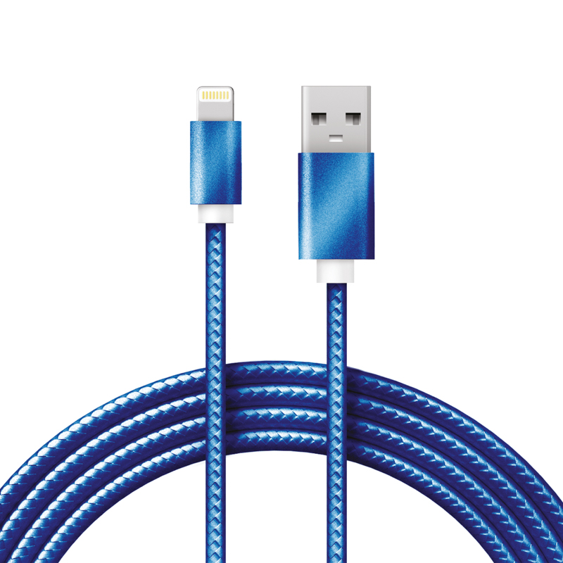 Кабель USB-A – Lightning, 2,4A 1м, в синей нейлоновой оплетке REXANT — фото