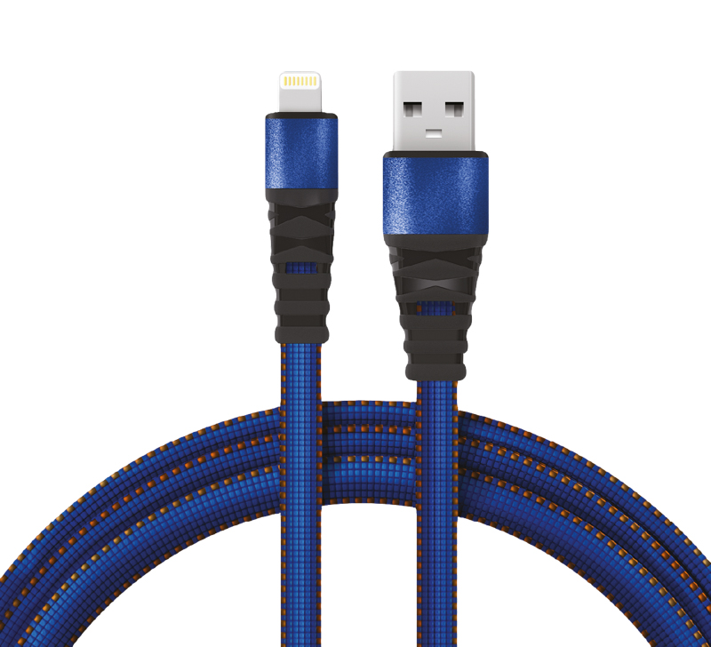 Кабель USB-A – Lightning, 2,4A, 1м, в синей нейлоновой оплетке, плоский REXANT — фото