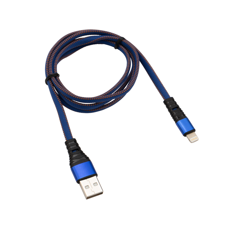 Кабель USB-A – Lightning, 2,4A, 1м, в синей нейлоновой оплетке, плоский REXANT — фото