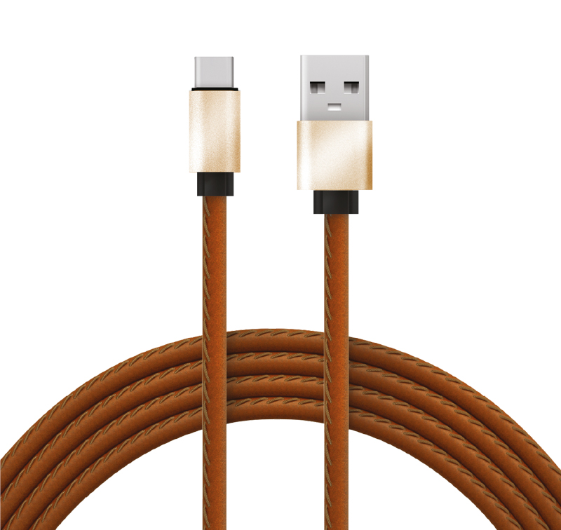 Кабель USB-A – Type-C, 2,1A, 1м, эко-кожа, коричневый REXANT — фото