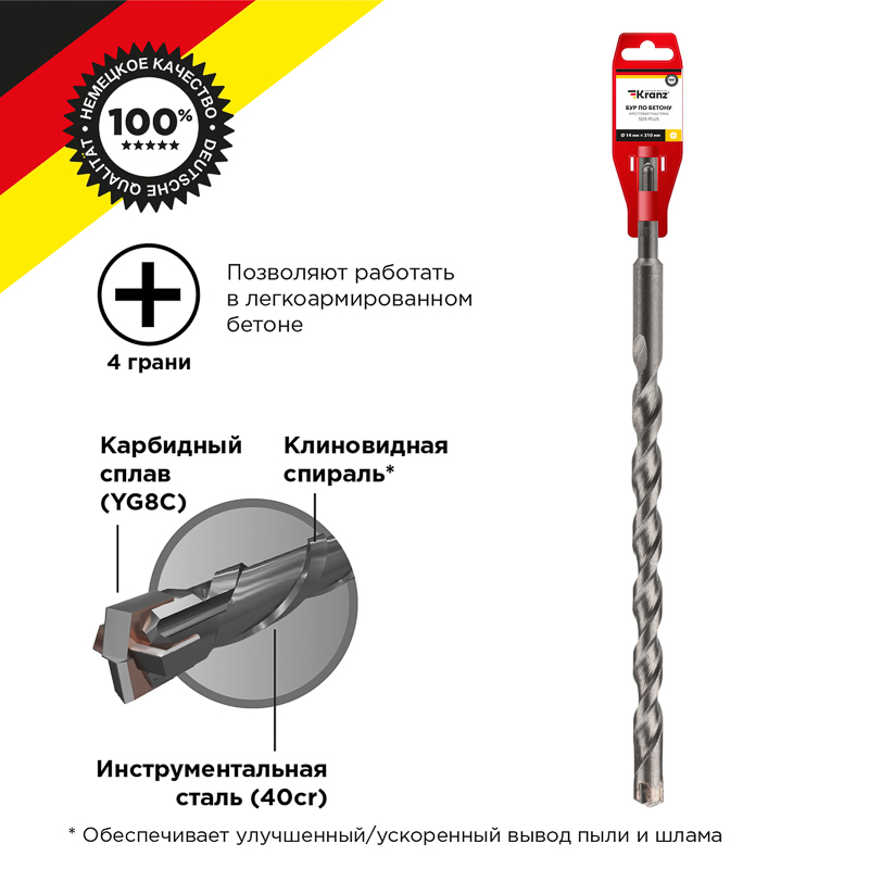 Бур по бетону 14x310x250мм, крестовая пластина, хвостовик SDS-plus KRANZ — фото